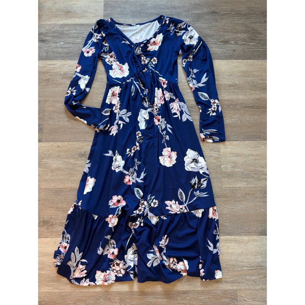 Navy Blue Floral Long Sleeve Maxi Dress Lace Up V-Neck Ruffle Hem Small